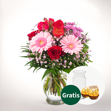 Blumenstrauß „Beste Mama“ mit Vase & 2 Ferrero Rocher