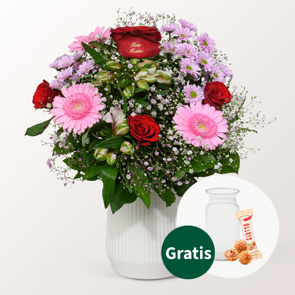 Blumenstrauß „Beste Mama“ mit Vase & Ferrero Giotto 3er