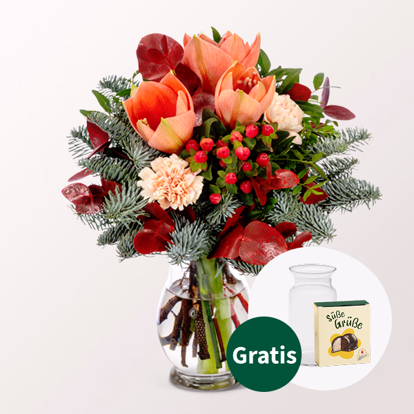 Blumenstrauß Sweet Christmas mit Halloren Kugeln & Vase