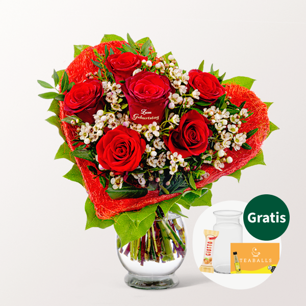 Rosenherz „Zum Geburtstag“ mit Vase & Ferrero Giotto 3er & Teaballs