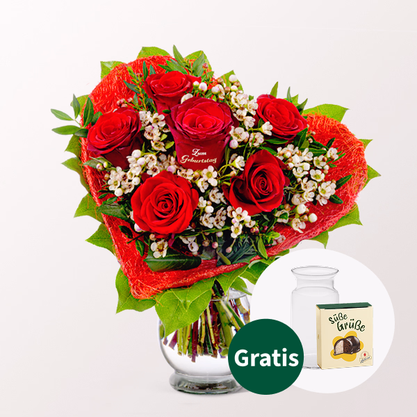 Rosenherz „Zum Geburtstag“ mit Halloren Kugeln & Vase