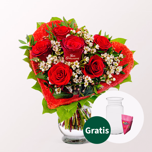 Rosenherz „Zum Geburtstag“ mit SunLolly Himbeere & Vase