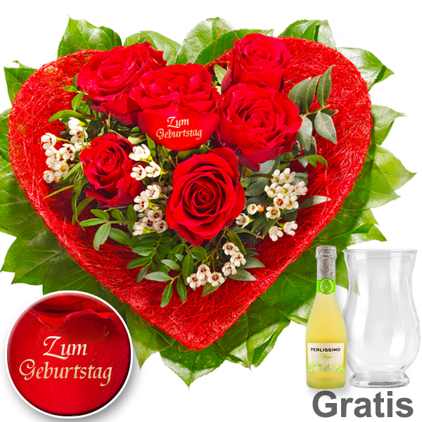 Rosenherz "Zum Geburtstag" mit Vase & Hugo Tag der Komplimente 24.1.