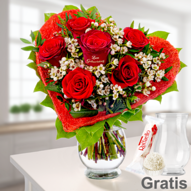 Rosenherz "Zum Geburtstag" mit Vase & Ferrero Raffaello