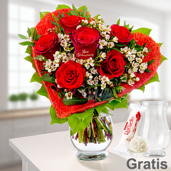 Rosenherz "Zum Geburtstag" mit Vase & Ferrero Raffaello