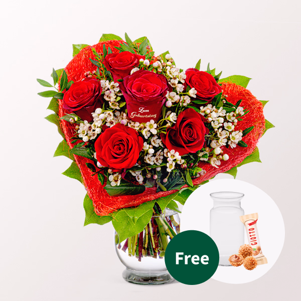 Rose Bouquet „Zum Geburtstag“ with vase & Balloon & Ferrero Giotto
