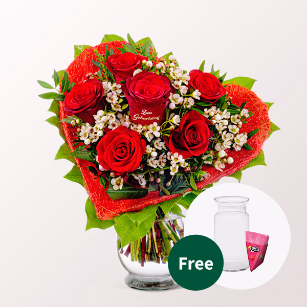 Rose Bouquet „Zum Geburtstag“ with SunLolly Raspberry & vase