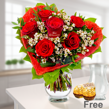 freshly tied Rose Bouquet "Zum Geburtstag" with vase & 2 Ferrero Rocher