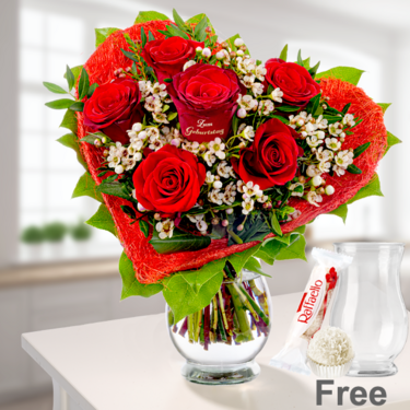 Rose Bouquet "Zum Geburtstag" with vase & Ferrero Raffaello