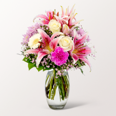 Blumenstrauß Glücksmoment mit Vase & Ferrero Giotto 3er Blumenstrauß Glücksmoment mit Vase & Ferrero Giotto 3er
