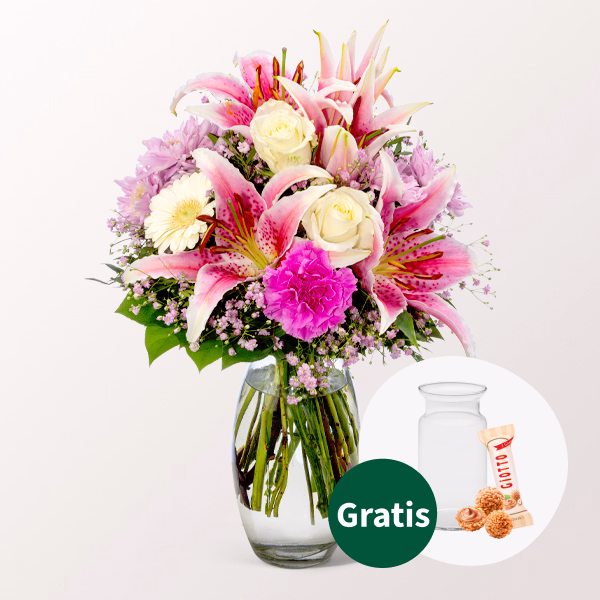 Blumenstrauß Glücksmoment mit Vase & Ballon-Stecker & Ferrero Giotto