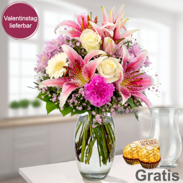 frisch gebunden Blumenstrauß Glücksmoment mit Vase & 2 Ferrero Rocher