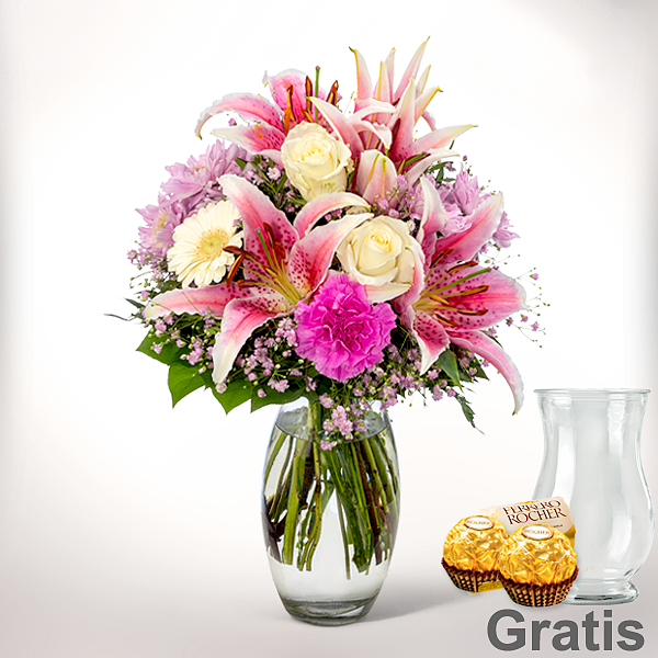 floraprima.de | Blumenstrauß Glücksmoment mit Vase & 2 Ferrero Rocher