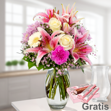 frisch gebunden Blumenstrauß Glücksmoment mit Vase