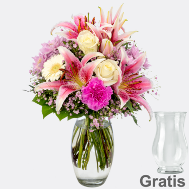 frisch gebunden Blumenstrauß Glücksmoment mit Vase