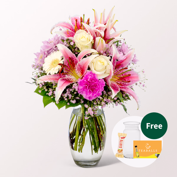 Flower Bouquet Glücksmoment with vase & 3 Ferrero Giotto & Teaballs