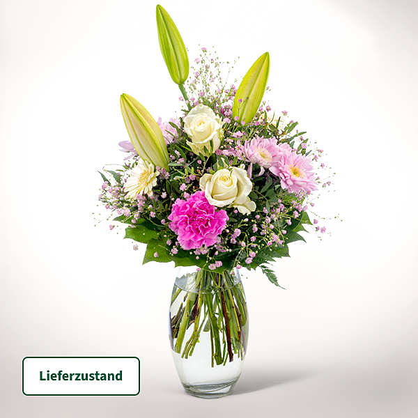 Blumenstrauß Glücksmoment mit Vase & 2 Ferrero Rocher & GLÜCK-Marmelade