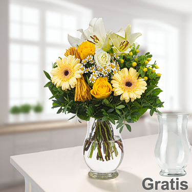 Blumenstrauß Sonnengelb mit Vase