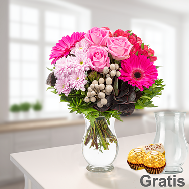 Blumenstrauß Ambiente mit Vase & 2 Ferrero Rocher