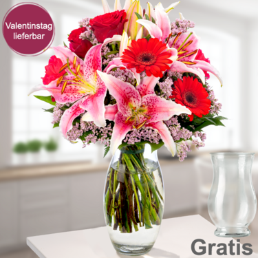 frisch gebunden Blumenstrauß Karat mit Vase