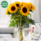 Bunch of 7 sunflowers with vase & Ferrero Raffaello