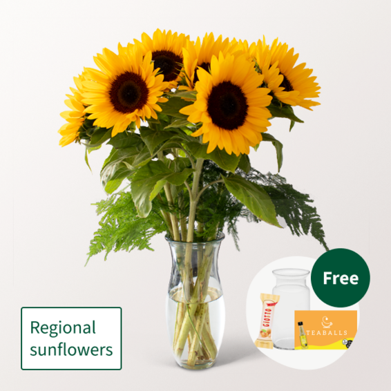 Bunch of 7 Sunflowers with vase & Teaballs & 3 Ferrero Giotto