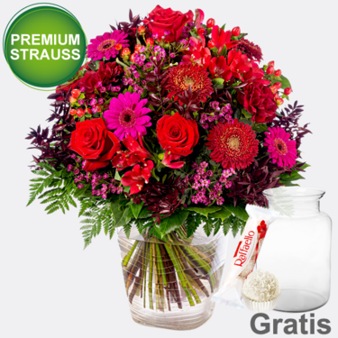 Premiumstrauß Abendsonne mit Premiumvase & Ferrero Raffaello