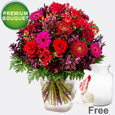 Premium Bouquet Abendsonne with premium vase & Ferrero Raffaello