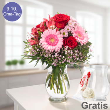 frisch gebunden Blumenstrauß "Beste Oma" mit Vase & Ferrero Raffaello