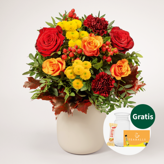 Blumenstrauß Blütengold mit Vase & Ferrero Giotto 3er & Teaballs