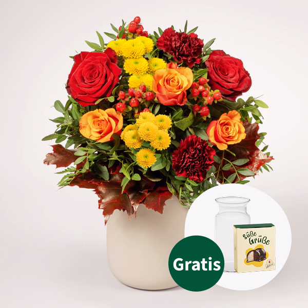 Blumenstrauß Blütengold mit Halloren Kugeln & Vase