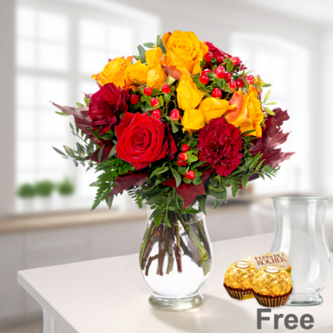 freshly tied Flower Bouquet Blütengold with vase & 2 Ferrero Rocher