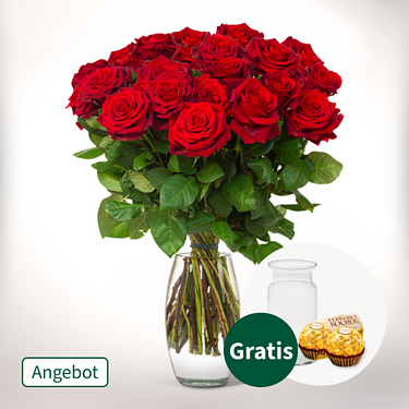 17 rote Rosen im Bund mit Vase & 2 Ferrero Rocher