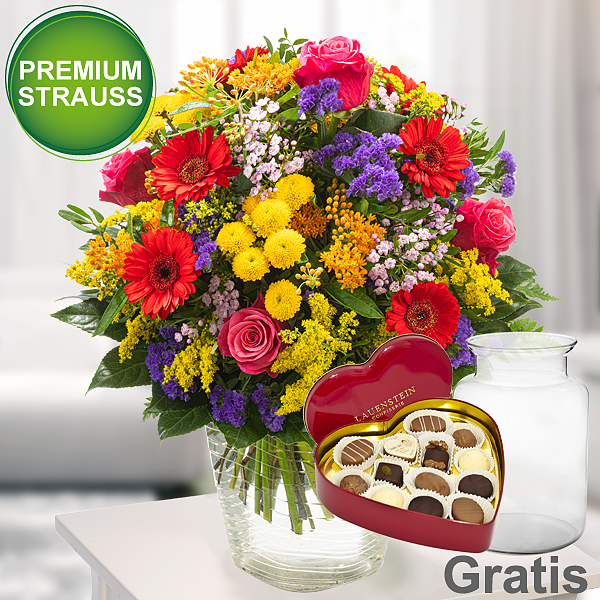 Premiumstrauß Blütenwiese mit Premiumvase & Lauensteiner Herzdose