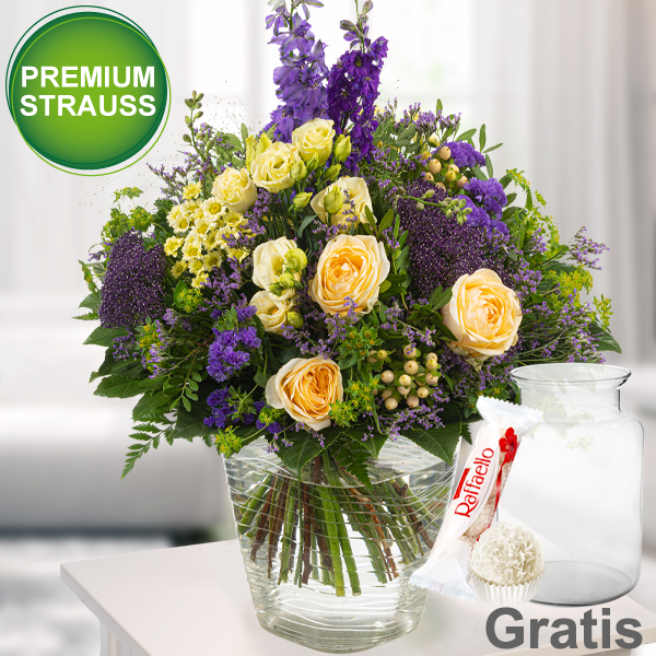 Premiumstrauß Inspiration mit Premiumvase & Ferrero Raffaello