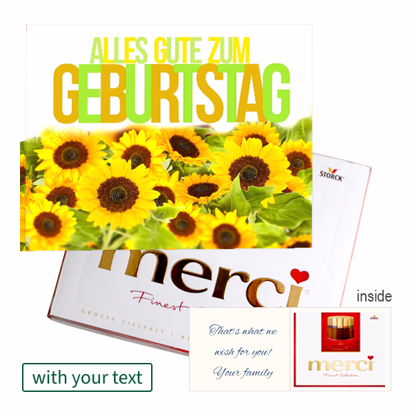 Personal greeting card with Merci: Alles Gute zum Geburtstag (250 g)