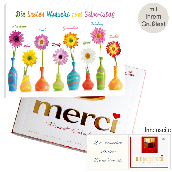 Personliche Grusskarte Mit Merci Die Besten Wunsche Zum Geburtstag 250g Blumen Online Verschicken Auf Floraprima De