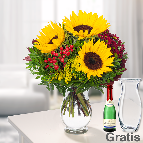 Blumenstrauß Herbstlächeln mit Vase & 2 Ferrero Rocher & Rotkäppchen Sekt