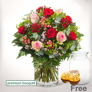 Premium Bouquet Feuerwerk with premium vase & 2 Ferrero Rocher