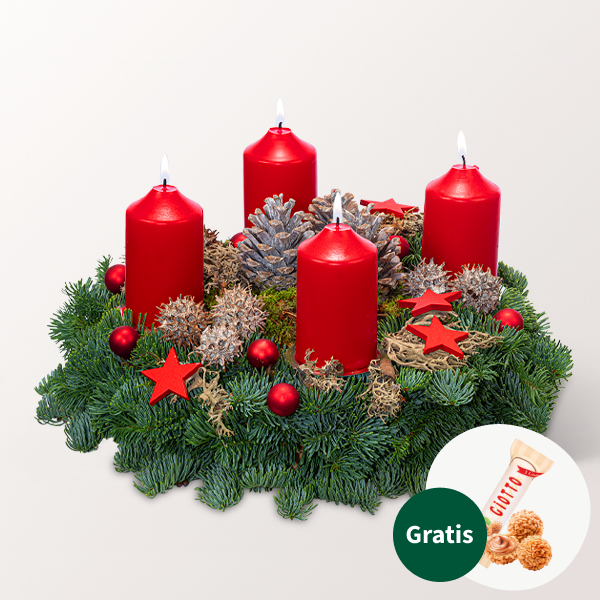 Roter Adventskranz (Ø 25 cm) mit Ferrero Giotto 3er