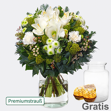 Premiumstrauß Winterherz mit Premiumvase & Vase & 2 Ferrero Rocher