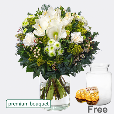 Premium Bouquet Winterherz with premium vase & vase & 2 Ferrero Rocher