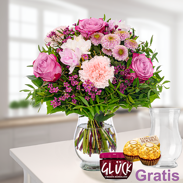Blumenstrauß Purple mit Vase & 2 Ferrero Rocher & GLÜCK-Marmelade