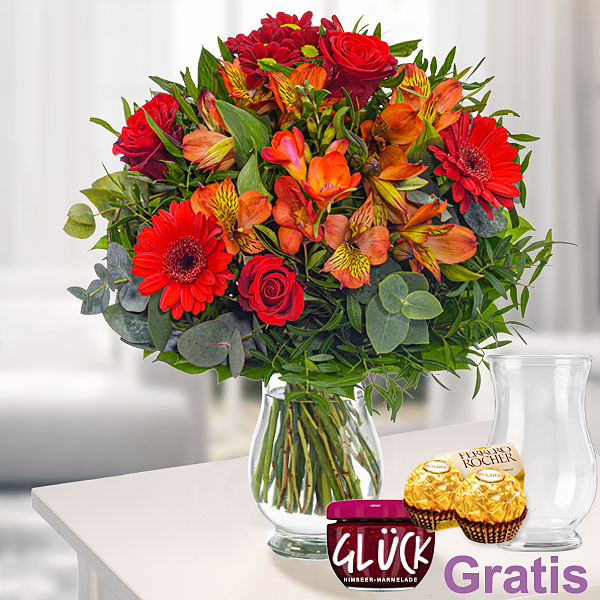 floraprima.de | Blumenstrauß Blumensymphonie mit Vase & 2 Ferrero Rocher & GLÜCK-Marmelade
