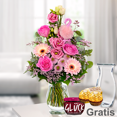 Blumenstrauß Rosa Himmel mit Vase & 2 Ferrero Rocher & GLÜCK-Marmelade
