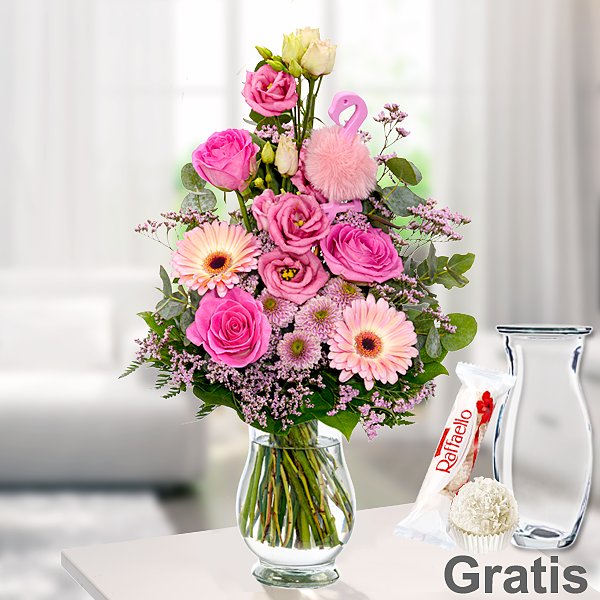 Blumenstrauß Rosa Himmel mit Vase & Ferrero Raffaello