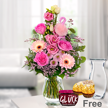 Flower Bouquet Rosa Himmel with vase & 2 Ferrero Rocher & GLÜCK Jam Raspberry