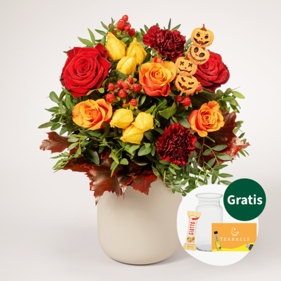 Blumenstrauß Happy Halloween mit Vase & Teaballs & Ferrero Giotto 3er