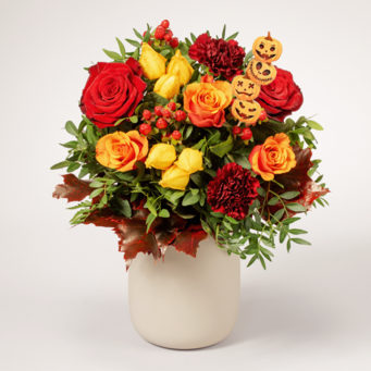 Blumenstrauß Happy Halloween mit Vase & Teaballs & Ferrero Giotto 3er Blumenstrauß Happy Halloween mit Vase & Teaballs & Ferrero Giotto 3er