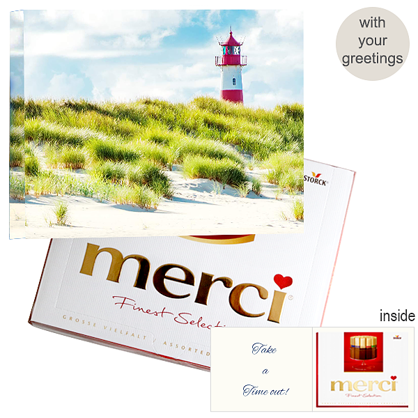Personal greeting card with Merci: Leuchtturm (250g)